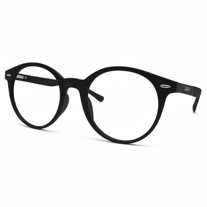 Óculos masculino redondo preto em acetato leve e resistente. Imagem destacando o design clássico e moderno com lentes transparentes compatíveis com diferentes graus.
