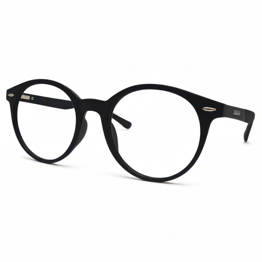 Óculos masculino redondo preto em acetato leve e resistente. Imagem destacando o design clássico e moderno com lentes transparentes compatíveis com diferentes graus.