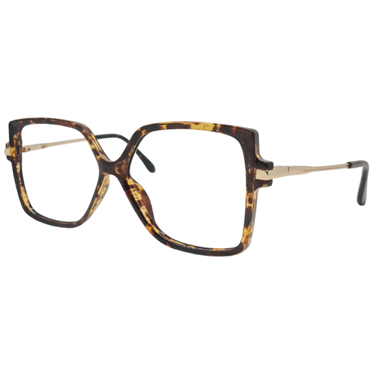 Óculos quadrado borboleta tartaruga feminino com armação em acetato leve e resistente. Imagem destacando o design moderno e as lentes transparentes, compatíveis com diferentes graus e tratamentos.