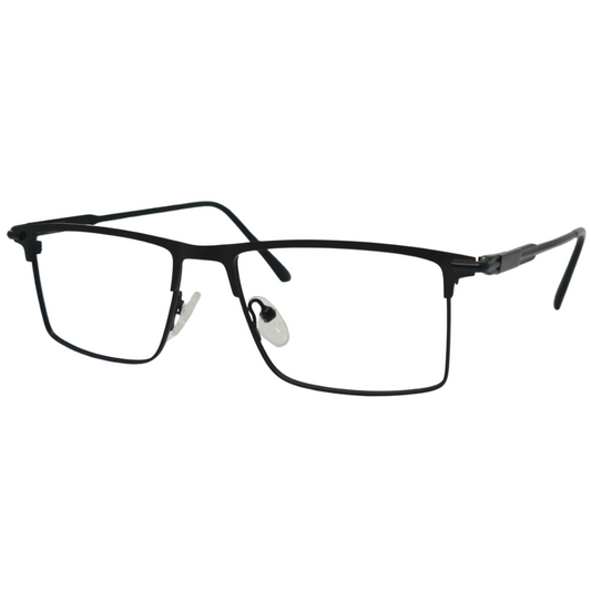 Óculos quadrado preto masculino com armação em metal leve e resistente. Imagem destacando o design elegante e as lentes transparentes, compatíveis com diferentes graus e tratamentos.
