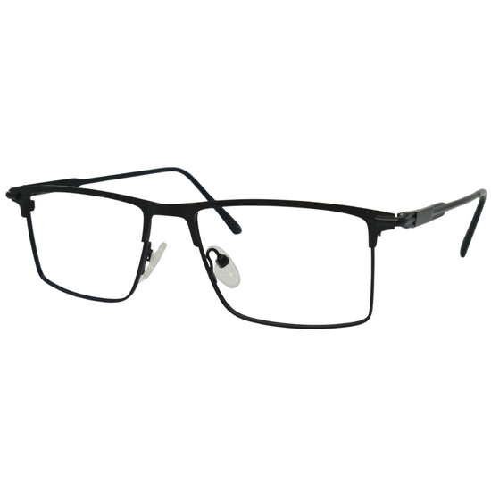Óculos quadrado preto masculino com armação em metal leve e resistente. Imagem destacando o design elegante e as lentes transparentes, compatíveis com diferentes graus e tratamentos.