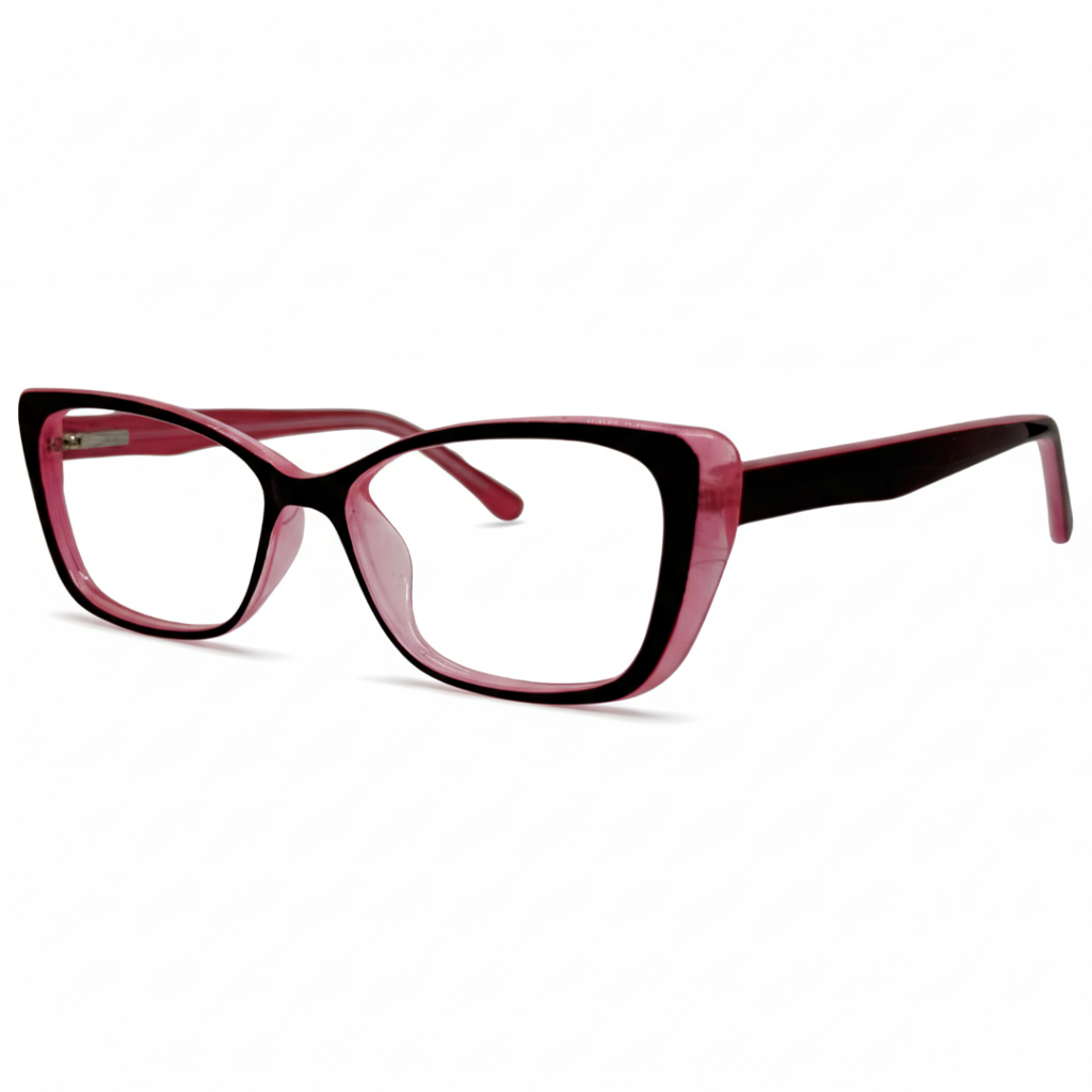 Óculos gatinho rosa feminino com armação em acetato leve e resistente. Imagem destacando o design moderno e as lentes transparentes, compatíveis com diferentes graus e tratamentos.