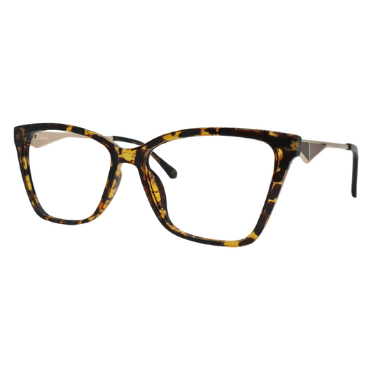 Óculos gatinho tartaruga com armação em acetato leve e resistente. Imagem destacando o design moderno e as lentes transparentes, compatíveis com diferentes graus e tratamentos.