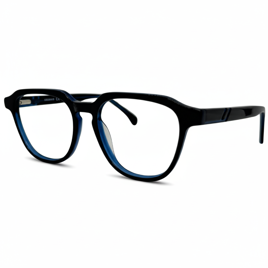 Óculos quadrado preto com azul masculino com armação em acetato leve e resistente. Imagem destacando o design moderno e as lentes transparentes, compatíveis com diferentes graus e tratamentos.