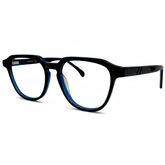 Óculos quadrado preto com azul masculino com armação em acetato leve e resistente. Imagem destacando o design moderno e as lentes transparentes, compatíveis com diferentes graus e tratamentos.