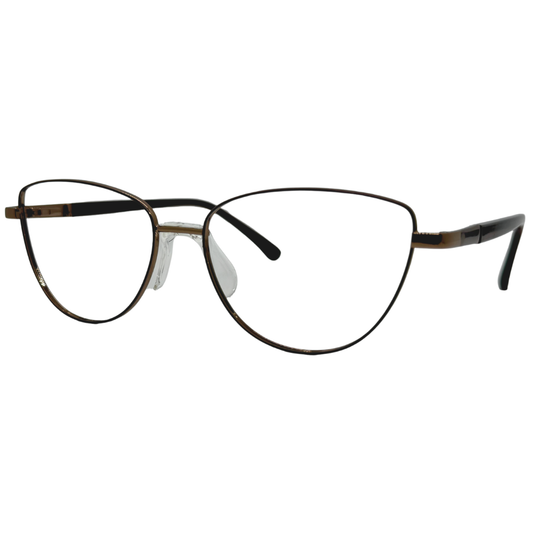 Óculos gatinho cobre feminino com armação em metal leve e resistente. Imagem destacando o design moderno e as lentes transparentes, compatíveis com diferentes graus e tratamentos.