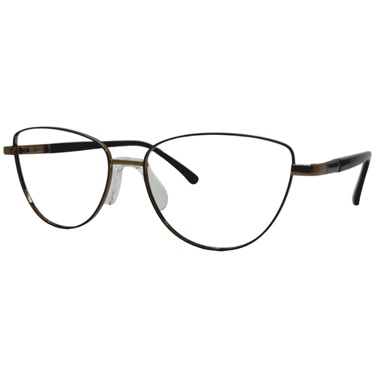 Óculos gatinho cobre feminino com armação em metal leve e resistente. Imagem destacando o design moderno e as lentes transparentes, compatíveis com diferentes graus e tratamentos.