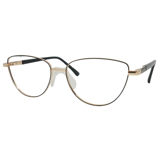 Óculos gatinho preto e dourado feminino com armação em metal leve e resistente. Imagem destacando o design elegante e as lentes transparentes, compatíveis com diferentes graus e tratamentos.