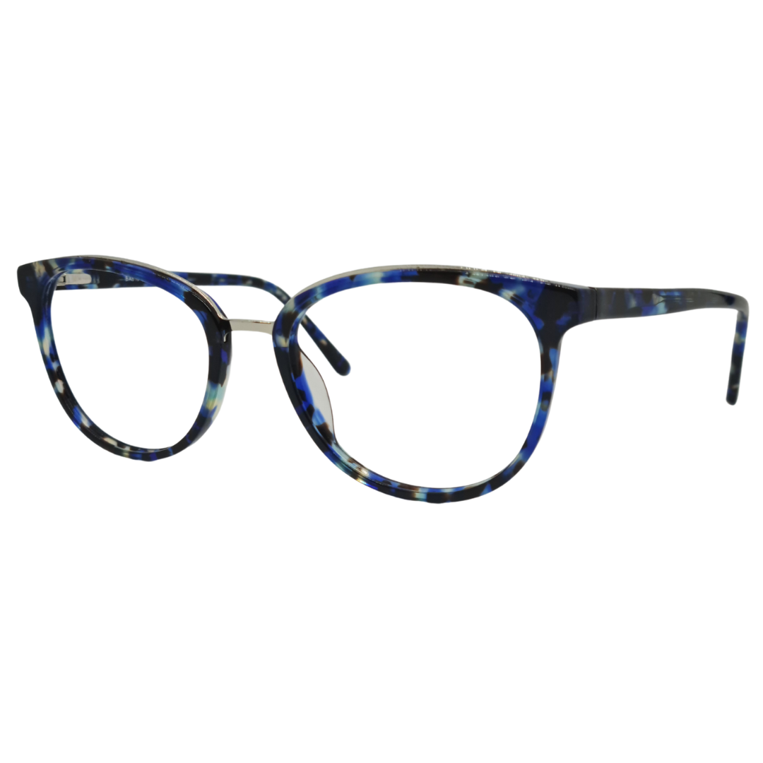 Óculos redondo quadrado azul rajado feminino com armação em acetato leve e resistente. Imagem destacando o design sofisticado e as lentes transparentes, compatíveis com diferentes graus e tratamentos.