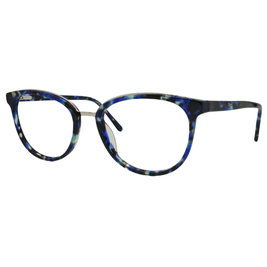 Óculos redondo quadrado azul rajado feminino com armação em acetato leve e resistente. Imagem destacando o design sofisticado e as lentes transparentes, compatíveis com diferentes graus e tratamentos.