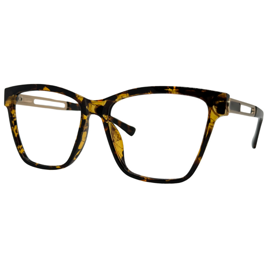 Óculos gatinho tartaruga feminino com armação em acetato leve e resistente. Imagem destacando o design elegante e as lentes transparentes, compatíveis com diferentes graus e tratamentos.
