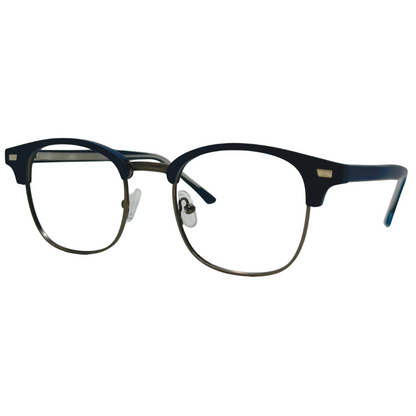 Óculos quadrado azul e grafite unissex com armação em metal leve e resistente. Imagem destacando o design moderno e as lentes transparentes, compatíveis com diferentes graus e tratamentos.
