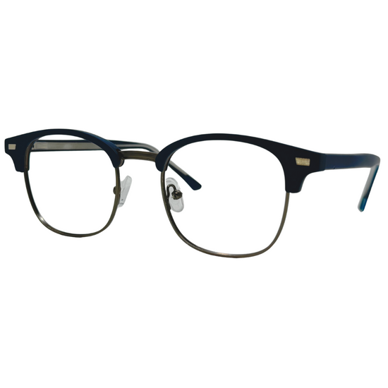 Óculos quadrado azul e grafite unissex com armação em metal leve e resistente. Imagem destacando o design moderno e as lentes transparentes, compatíveis com diferentes graus e tratamentos.