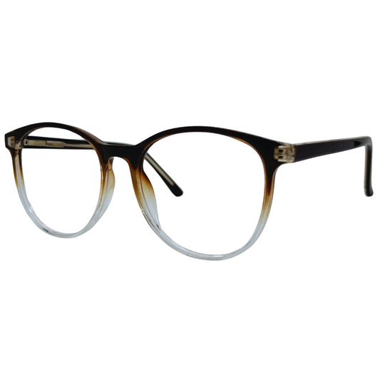 Óculos redondo marrom degradê com armação em acetato leve e resistente. Imagem destacando o design sofisticado e as lentes transparentes, compatíveis com diferentes graus e tratamentos.