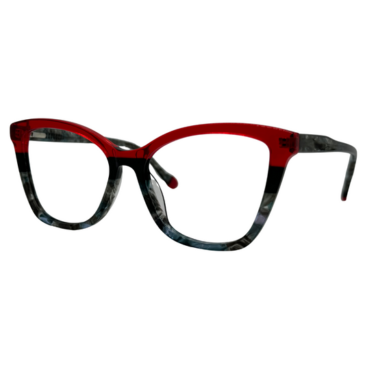 Óculos gatinho vermelho e preto com armação em acetato leve e resistente. Imagem destacando o design moderno e as lentes transparentes, compatíveis com diferentes graus e tratamentos.