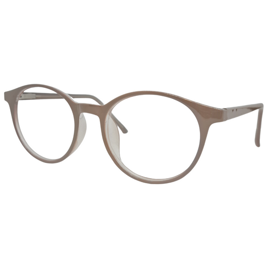 Óculos redondo bege feminino com armação em acetato leve e resistente. Imagem destacando o design moderno e as lentes transparentes, compatíveis com diferentes graus e tratamentos.