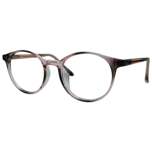 Óculos redondo rosa rajado feminino com armação em acetato leve e resistente. Imagem destacando o design moderno e as lentes transparentes, compatíveis com diferentes graus e tratamentos.