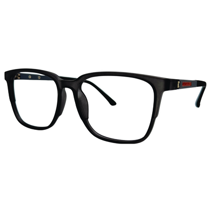 Óculos quadrado cinza fosco masculino com armação em acetato leve e resistente. Imagem destacando o design moderno e as lentes transparentes, compatíveis com diferentes graus e tratamentos.
