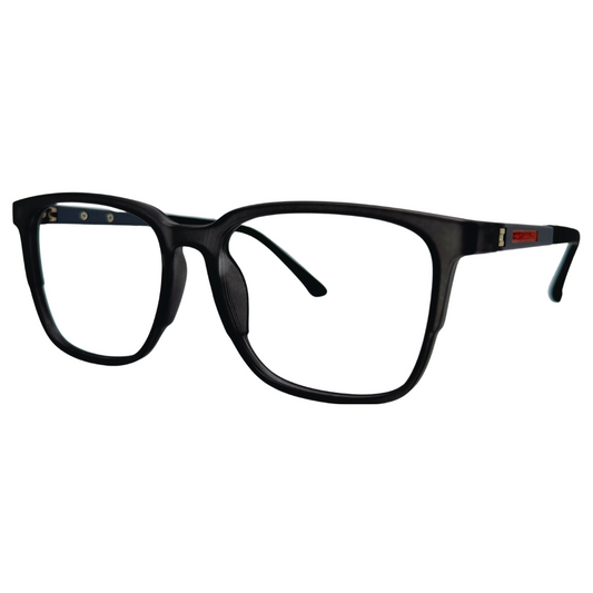 Óculos quadrado cinza fosco masculino com armação em acetato leve e resistente. Imagem destacando o design moderno e as lentes transparentes, compatíveis com diferentes graus e tratamentos.