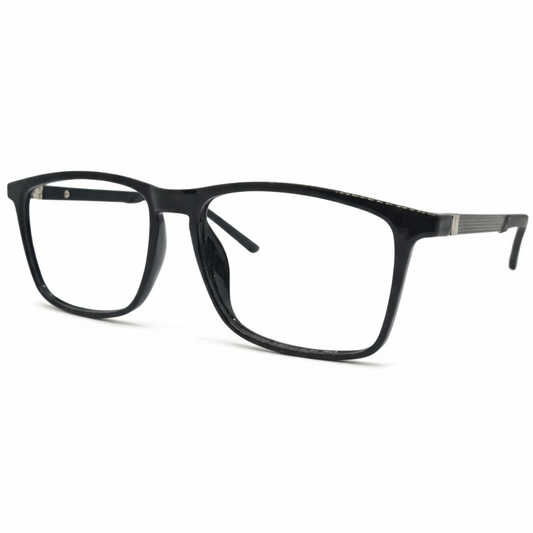 Óculos quadrado preto masculino com armação em acetato leve e resistente. Imagem destacando o design moderno e as lentes transparentes, compatíveis com diferentes graus e tratamentos.