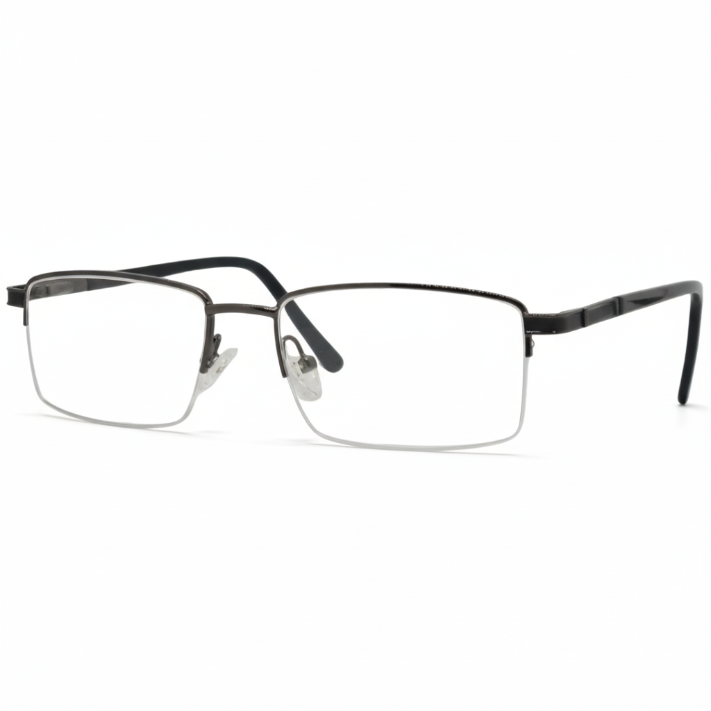 Óculos quadrado grafite unissex com armação em nylon leve e resistente. Imagem destacando o design moderno e as lentes transparentes, compatíveis com diferentes graus e tratamentos.