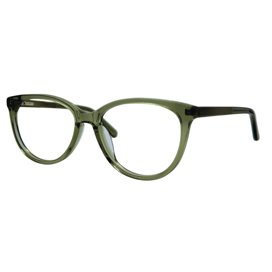 Óculos gatinho verde transparente com armação em acetato leve e resistente. Imagem destacando o design moderno e as lentes transparentes, compatíveis com diferentes graus e tratamentos.
