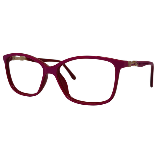 Óculos gatinho rosa com armação em acetato leve e resistente. Imagem destacando o design moderno e as lentes transparentes, compatíveis com diferentes graus e tratamentos.