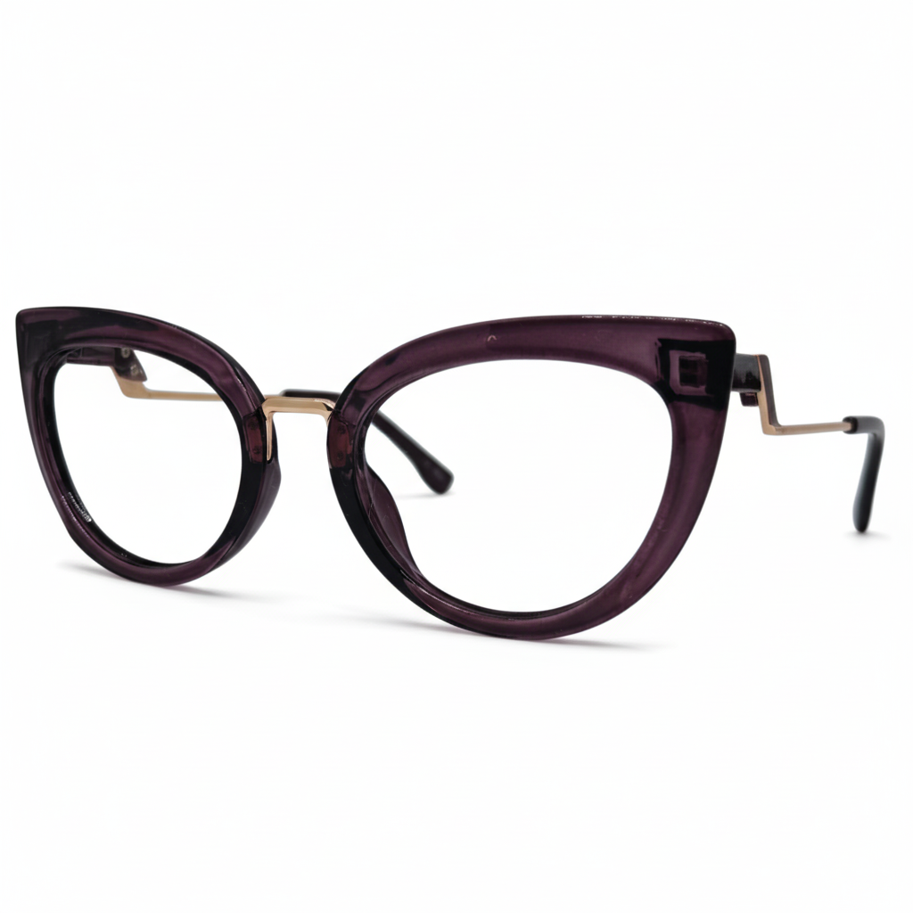 Óculos gatinho roxo feminino com armação em acetato leve e resistente. Imagem destacando o design moderno e as lentes transparentes, compatíveis com diferentes graus e tratamentos.