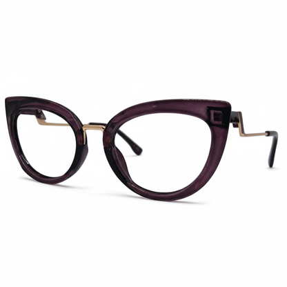 Óculos gatinho roxo feminino com armação em acetato leve e resistente. Imagem destacando o design moderno e as lentes transparentes, compatíveis com diferentes graus e tratamentos.