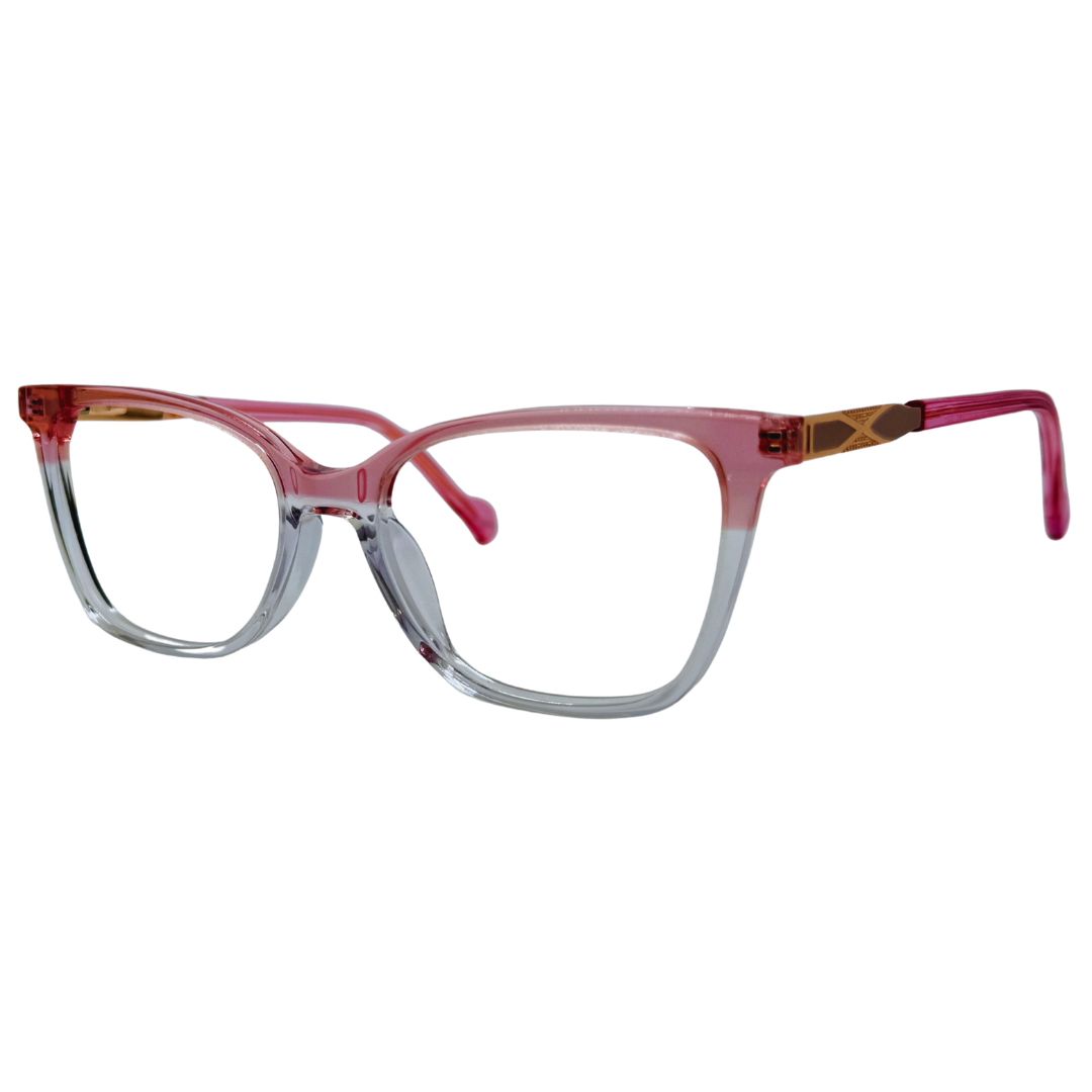 Óculos quadrado rosa degradê feminino com armação em acetato leve e resistente. Imagem destacando o design delicado e as lentes transparentes, compatíveis com diferentes graus e tratamentos.
