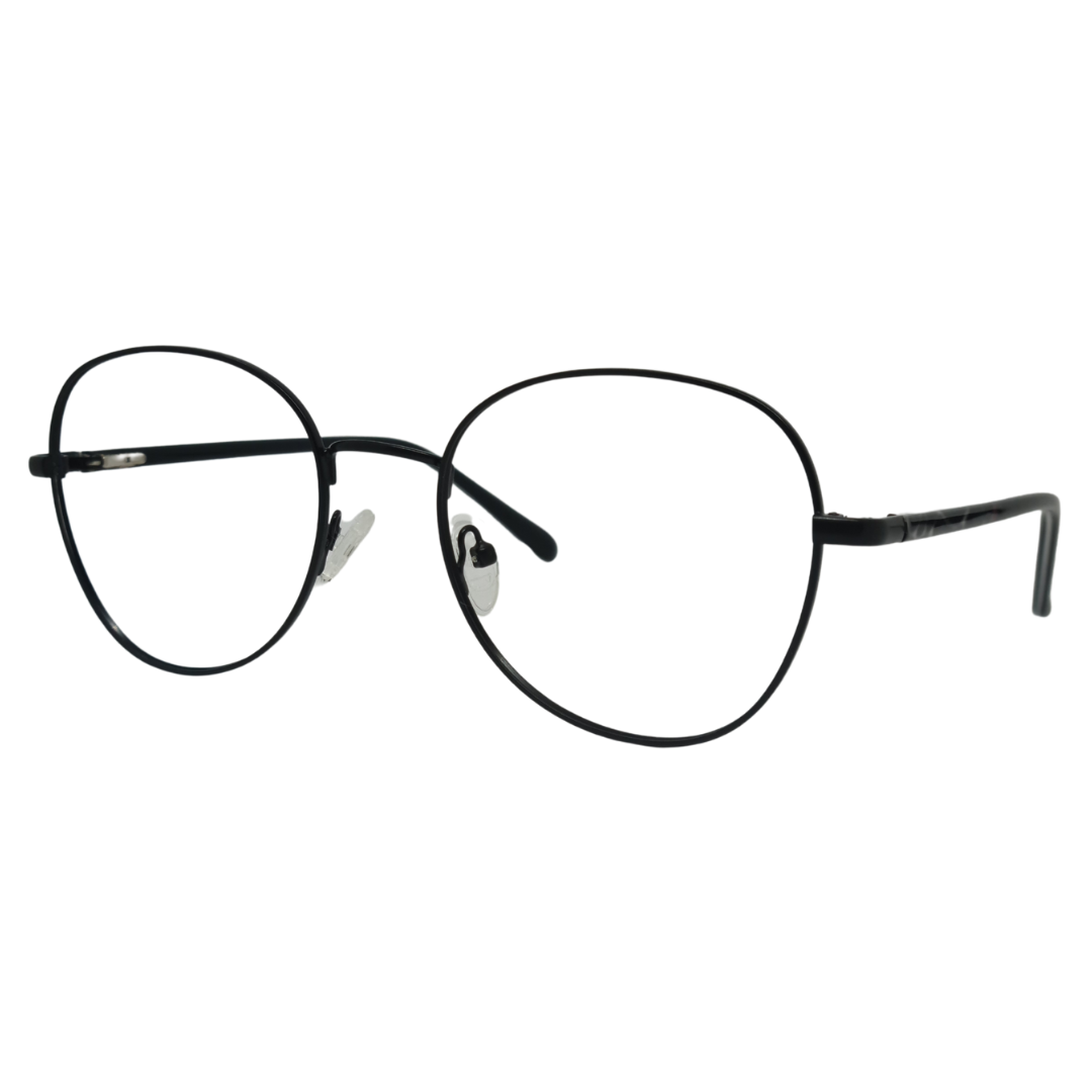 Óculos quadrado redondo preto unissex com armação em metal leve e resistente. Imagem destacando o design moderno e as lentes transparentes, compatíveis com diferentes graus e tratamentos.