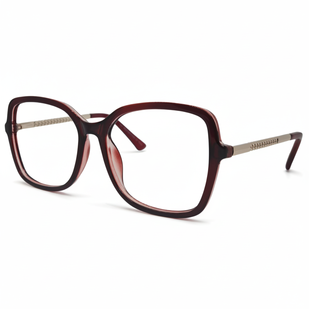 Óculos feminino vinho em acetato, formato gatinho com leve toque quadrado. Imagem destacando o design elegante e lentes transparentes compatíveis com diferentes graus.