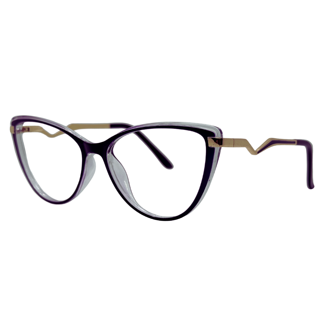 Óculos gatinho roxo com armação em acetato leve e resistente. Imagem destacando o design moderno e as lentes transparentes, compatíveis com diferentes graus e tratamentos.