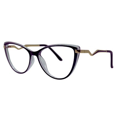 Óculos gatinho roxo com armação em acetato leve e resistente. Imagem destacando o design moderno e as lentes transparentes, compatíveis com diferentes graus e tratamentos.