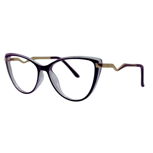 Óculos gatinho roxo com armação em acetato leve e resistente. Imagem destacando o design moderno e as lentes transparentes, compatíveis com diferentes graus e tratamentos.
