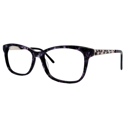 Óculos quadrado roxo feminino com armação em acetato leve e resistente. Imagem destacando o design moderno e as lentes transparentes, compatíveis com diferentes graus e tratamentos.