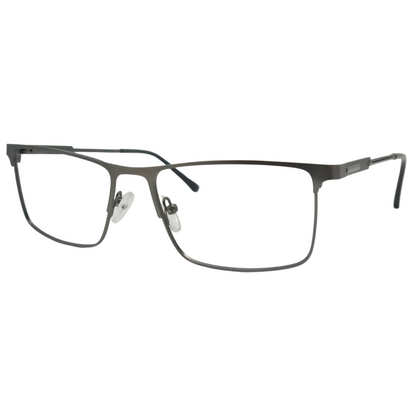 Óculos quadrado grafite unissex com armação em metal leve e resistente. Imagem destacando o design moderno e as lentes transparentes, compatíveis com diferentes graus e tratamentos.