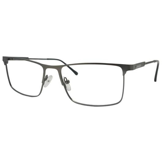 Óculos quadrado grafite unissex com armação em metal leve e resistente. Imagem destacando o design moderno e as lentes transparentes, compatíveis com diferentes graus e tratamentos.