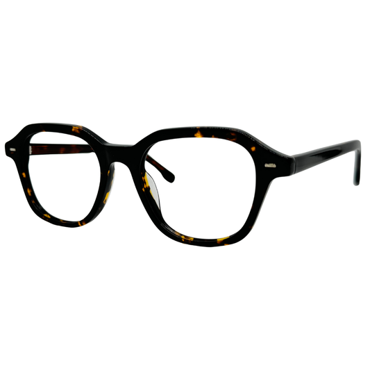 Óculos quadrado tartaruga unissex com armação em acetato leve e resistente. Imagem destacando o design moderno e as lentes transparentes, compatíveis com diferentes graus e tratamentos.