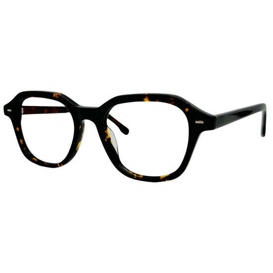 Óculos quadrado tartaruga unissex com armação em acetato leve e resistente. Imagem destacando o design moderno e as lentes transparentes, compatíveis com diferentes graus e tratamentos.
