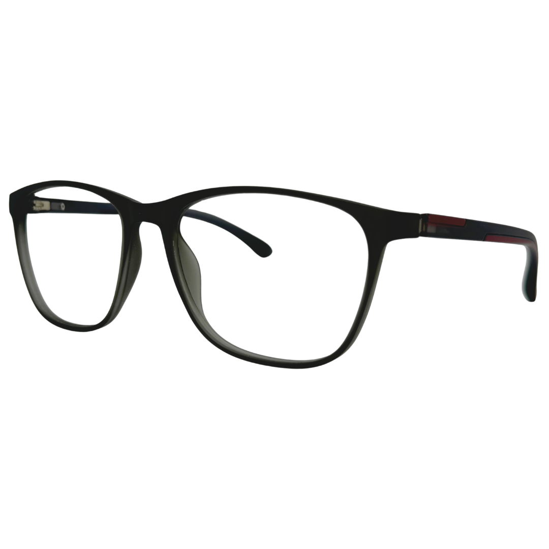 Óculos quadrado cinza fosco masculino com armação em acetato leve e resistente. Imagem destacando o design moderno e as lentes transparentes, compatíveis com diferentes graus e tratamentos.