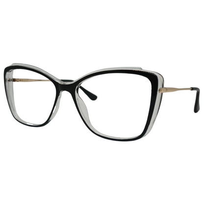 Óculos gatinho preto feminino com armação em acetato leve e resistente. Imagem destacando o design moderno e as lentes transparentes, compatíveis com diferentes graus e tratamentos.