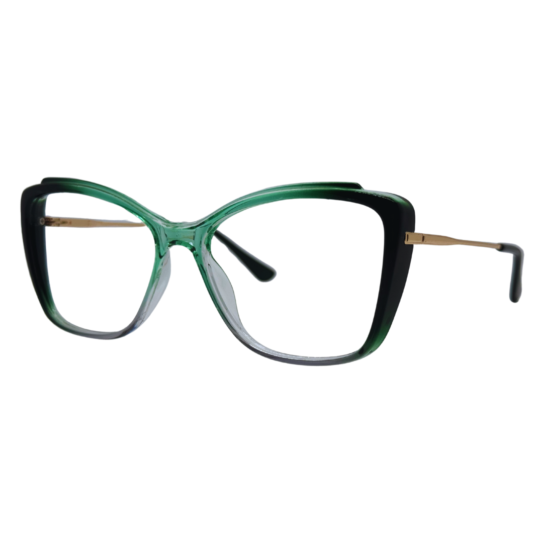 Óculos gatinho verde com armação leve e resistente. Imagem destacando o design moderno e as lentes transparentes, compatíveis com diferentes graus e tratamentos.
