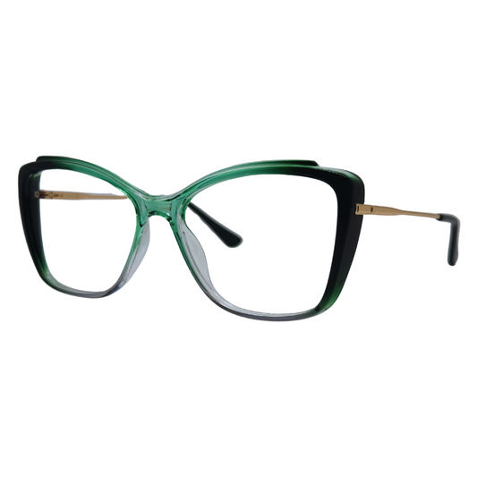 Óculos gatinho verde com armação leve e resistente. Imagem destacando o design moderno e as lentes transparentes, compatíveis com diferentes graus e tratamentos.