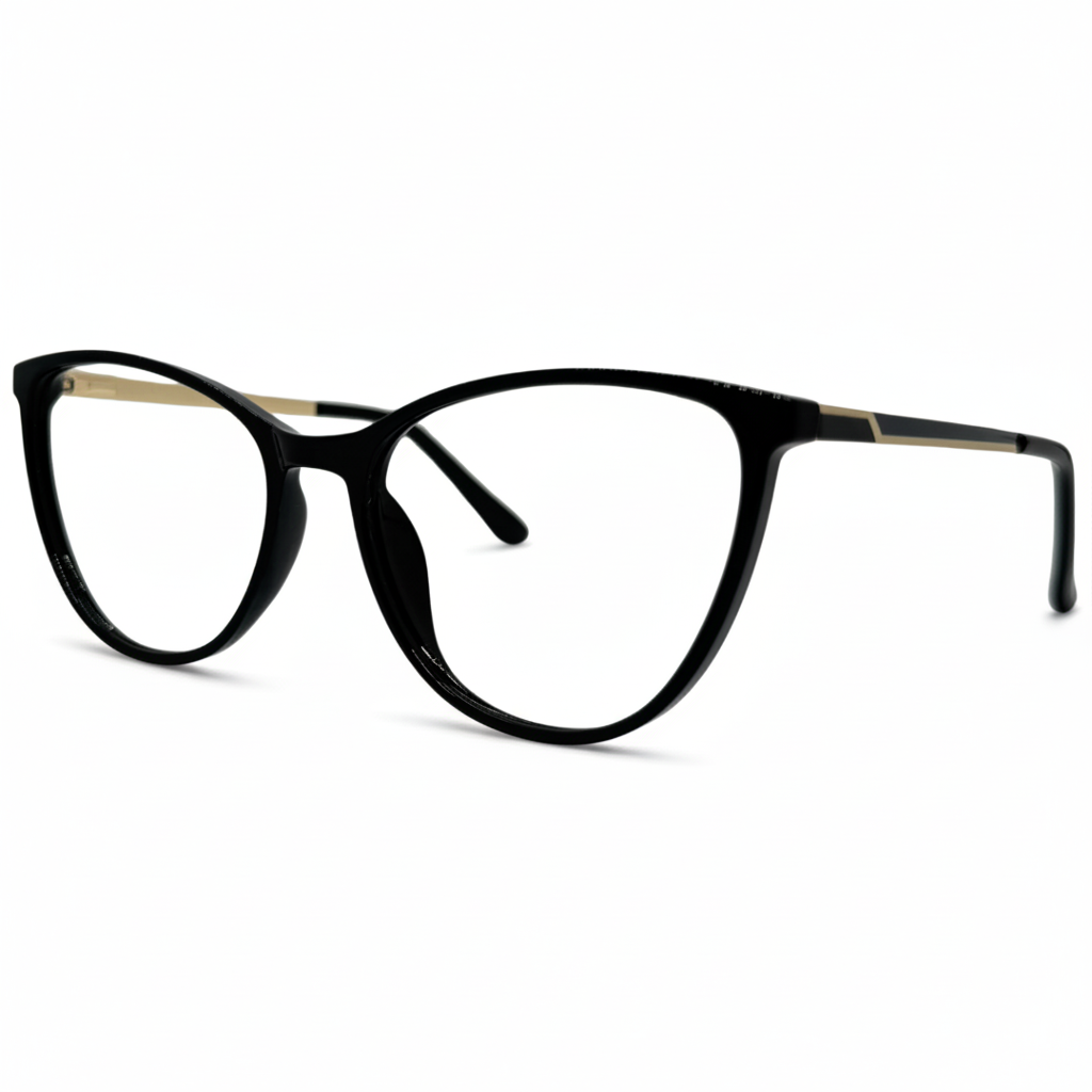 Óculos gatinho preto feminino com armação em acetato leve e resistente. Imagem destacando o design elegante e as lentes transparentes, compatíveis com diferentes graus e tratamentos.