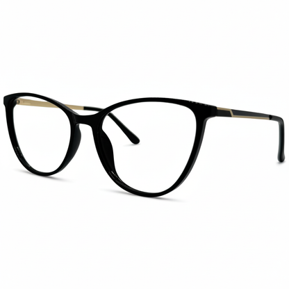 Óculos gatinho preto feminino com armação em acetato leve e resistente. Imagem destacando o design elegante e as lentes transparentes, compatíveis com diferentes graus e tratamentos.