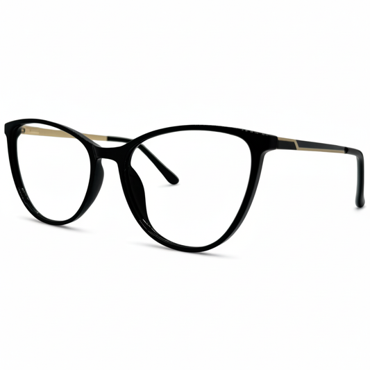 Óculos gatinho preto feminino com armação em acetato leve e resistente. Imagem destacando o design elegante e as lentes transparentes, compatíveis com diferentes graus e tratamentos.