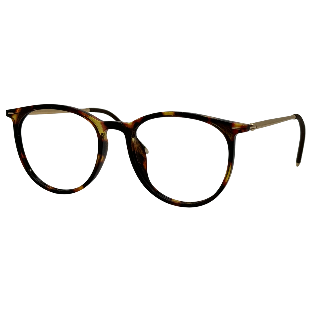 Óculos redondo marrom tartaruga com armação em acetato leve e resistente. Imagem destacando o design moderno e as lentes transparentes, compatíveis com diferentes graus e tratamentos.