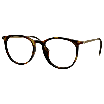 Óculos redondo marrom tartaruga com armação em acetato leve e resistente. Imagem destacando o design moderno e as lentes transparentes, compatíveis com diferentes graus e tratamentos.