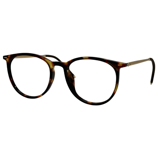 Óculos redondo marrom tartaruga com armação em acetato leve e resistente. Imagem destacando o design moderno e as lentes transparentes, compatíveis com diferentes graus e tratamentos.